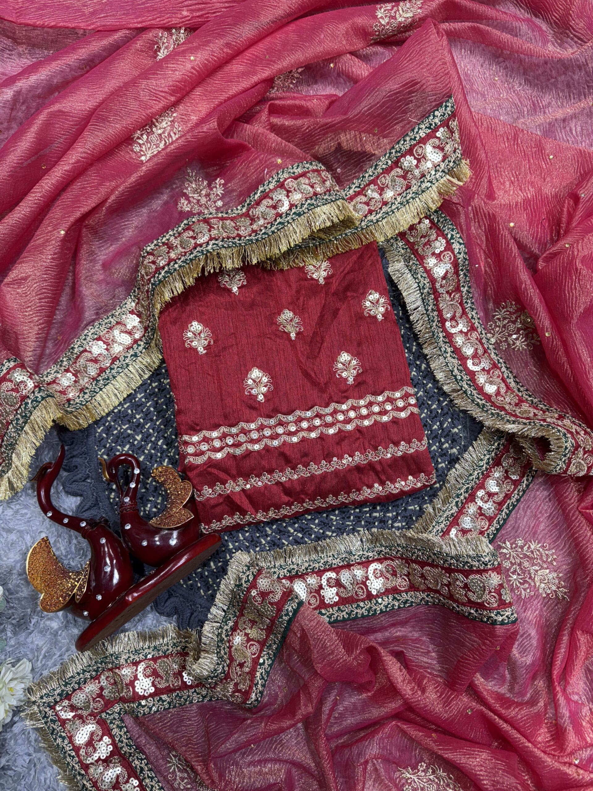 Women's Radiant Rani Pink Banarasi Crush Saree with Gota Patti & Sequin Embellished Border – Complete with Heavily Worked Blouse for Festive & Wedding Wear - Image 2