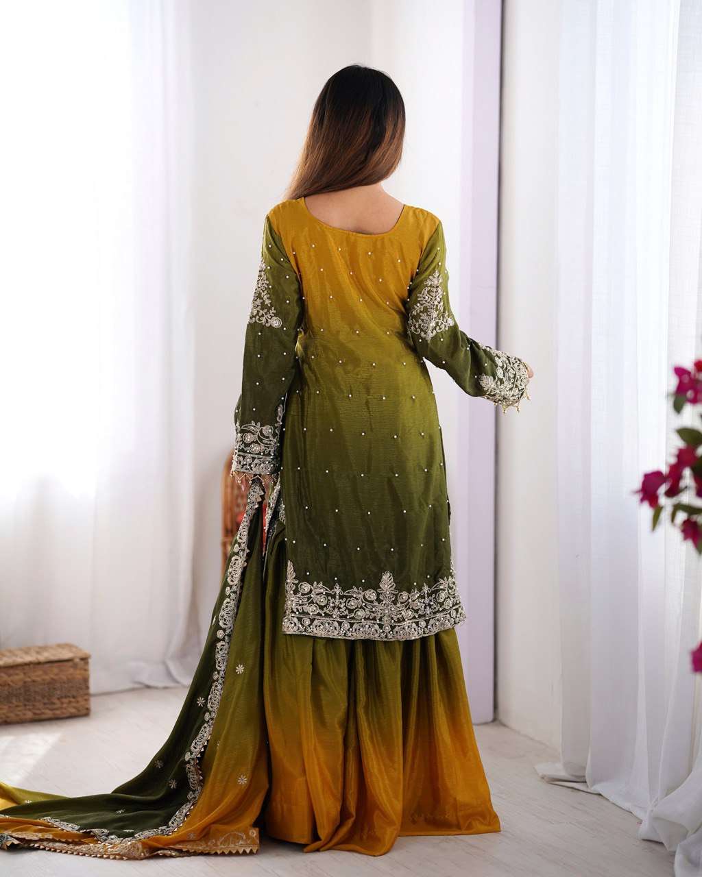 Women's Chinon Silk Sequence With Rivet Moti Work Straight Kurta With Sharara and Dupatta Set - Image 18