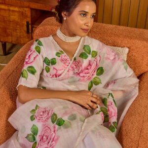 Women's Elegant White Organza Saree with Hand-Painted Pink Rose Floral Print – Complete with Matching Blouse for Day & Festive Wear