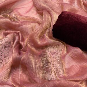 Women's Glamorous Rose Gold Shimmer Saree with All-Over Diamond & Sequin Embellishments – Paired with Luxurious Maroon Velvet Blouse for Festive & Wedding Wear