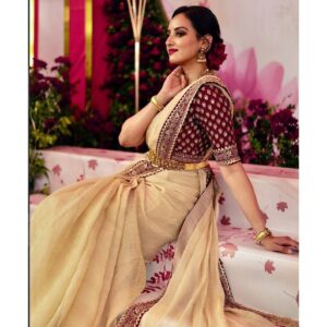 Women's Elegant Cream Georgette/Chiffon Saree with Maroon Zari & Thread Work Border – Paired with Heavy Embroidered Blouse for Wedding & Festive Wear