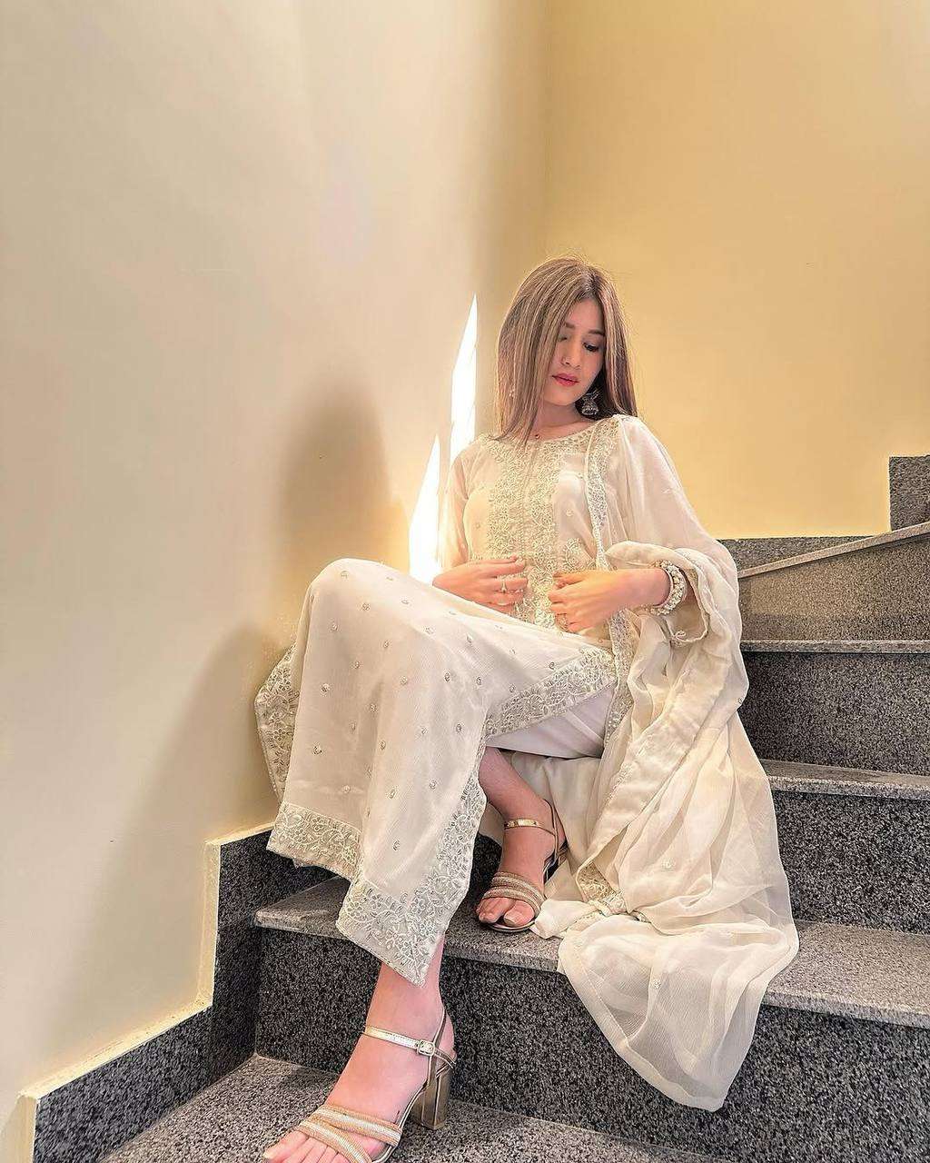 Women's Georgette Embroidery Sequence Work with Rivet Moti Work Straight Kurti With Pant and Dupatta Set - Image 4